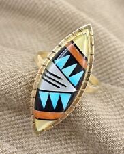 Vtg Native American Zuni 14k Gold Turquoise Coral Onyx MOP Flush Inlay Ring picture
