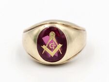 Vintage 10k Yellow Gold Masonic Signet Ring Square Compass Lab Created Ruby picture