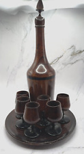 Vtg Wood Turned Saki Decanter Set With 6 Goblet Shot Cups Tray Home Decor MCM picture