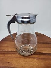 Vintage Large Floral Etched Glass Syrup Pitcher 1950's Large 9” w/Metal Disc Top picture