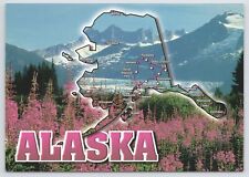 Alaska~Map Outline with Mountains & Bay Behind~Fireweed~Continental Postcard picture