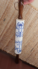 Vtg Delft Blue White Porcelain Bells Berries Hearts Rolling Pin Wood Handles picture