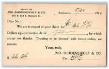 1910 Office of JNO. Schoenewolf & Co. Baltimore Maryland MD Postal Card picture
