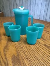 Vintage Mini Tupperware Pitcher W/ 4 Cups 1399-12 & 1503-46 Green/Blue Push Lid picture