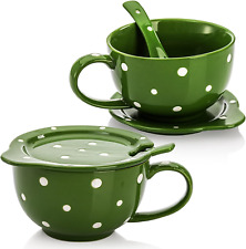 Set of 2 Jumbo Coffee and Cereal Mug Set, 16 Oz Porcelain Oatmeal Mug with Lid a picture