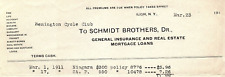 1911 ILION NY SCHMIDT BROTHERS INSURANCE REMINGTON BICYCLE CLUB BILLHEAD Z5931 picture