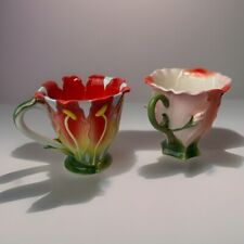 Rare 3 Dimensional Porcelain Floral Tea or Coffee Cups 2 Different Flowers K16 picture