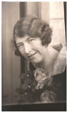OLDER LADY WITH ROSES SMILE.VTG REAL PHOTO POSTCARD RPPC*A32 picture