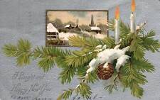 VINTAGE POSTCARD A BRIGHT AND HAPPY NEW YEAR GREETING THISTLE CANDLES SNOW 1906 picture