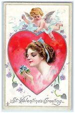 c1910's Valentine Greeting Heart Pretty Woman Cupid Angel Embossed Postcard picture