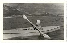 Shirtless Swimsuit Boy in Kayak Rowing Along the Sea Coastline Vintage Photo picture