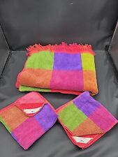 Vintage Cannon Towel Royal Family 3 Piece Set Red Geometric Squares Fringed picture