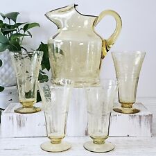 Vintage Etched Pitcher And Glasses Yellow Rare picture