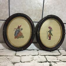 Antique Finished Framed Needlepoint Cross Stitch Oval Pictures Courting Couple picture