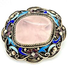 Antique Chinese Export Filigree Enamel Silver Gilt Rose Quartz 1.5” Pin Brooch picture