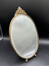 Antique Brass Tabletop Vanity Mirror Ornate Top Bevelled Edge Glass 8.5” X 5” picture