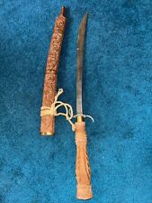 Vintag Handmade Sword Machete Thai Dha Decorative Carved Wood Handle & Scabbard picture
