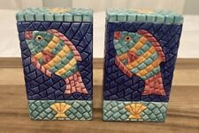Vintage Clay Art Colorful Mosaic Textured Nautical Fish Salt And Pepper Shakers picture