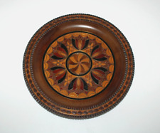 VTG Polish Folk Art Hand Carved Wood Copper Inlay Display Plate Flower 10” D picture