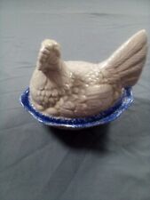 Hen on Nest Blue Sponge Ware covered dish w/lid Vintage Gray GLAZED Pottery picture
