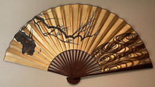 Vintage Large Asian Wall Art Fan Gold, Blue Cherry Blossoms Hand-Painted 60