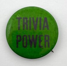 Vintage 1970s TRIVIA POWER Pinback Button - Green Lapel Pin Badge picture