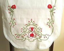 VTG TABLE RUNNER RED FLOWERS SATIN STITCH EMBROIDERY COTTON CROCHET EDGE picture