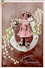RPPC Hand Tinted Young Girl Fancy Dress Socks Lily of Valley Horseshoe WOB Z-466 picture