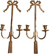 Pair of Vintage French Brass Wall Sconce Dual Arm Bows Candle Holder Neoclassica picture