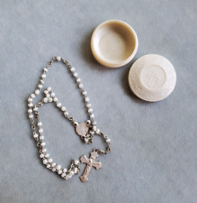 Vintage Small Pearl White Glass Rosary for Child with Round Box ~ Made in Italy picture