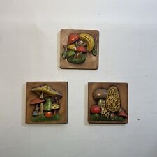 Vintage 1970's Retro Set of 3 Raised 3D Mushroom Wall Decor Ceramic Plaques picture