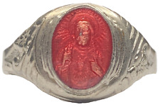 Vintage Jesus Religious Red Enamel Guilloche Adjustable Silver Tone Signet Ring picture