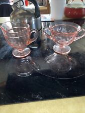 Vintage Pink Etched Floral Glass Open Sugar And Creamer picture