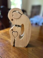 Vintage Ameri Signed Carved Wood Couple Puzzle With Removable Hearts picture
