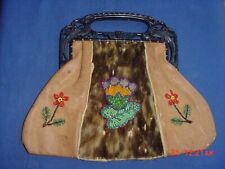 VINTAGE ALASKA NATIVE INDIAN BEADED HIDE PURSE WITH DECO HANDLE picture