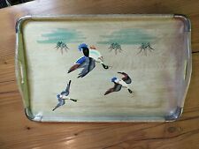 Vtg 50s Trio Ducks Japanese Hand Painted Wood Tray 11