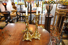 Pair Vintage Solid Brass Barley Twist Candlestick Table Lamps No Shades picture