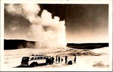 RPPC WY Yellowstone Park Wyoming, Bus and Old Faithful Photo Postcard PM 1949 picture