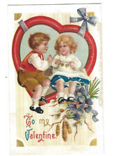 c.1910s To My Valentine Cute Boy Girl Heart Embossed Postcard UNPOSTED picture