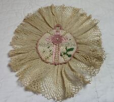 Hand Made Vintage Doily, With Embellishments, Very light Beige, Pink, Pearls picture