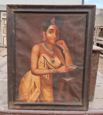 Vintage Old Antique Beautiful Lady Hand Painting on Canvas in Wooden Frame picture