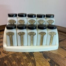 Vintage 10 Pc Griffiths Spice Set Milk Glass Black Lids with Original Stand picture