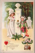 1910s VALENTINE'S DAY Greetings Postcard Colonial Boy w/ Pink Roses for Girl picture