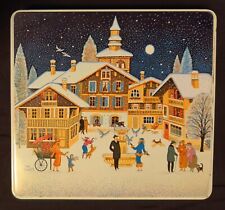 Vintage Square Cookie Tin. Wintertime in town scene, signed F de Gail 86 picture