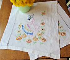 Vintage Hand Embroidered Southern Belle in Garden Linen Table Runner Flowers picture
