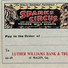 Very Scarce c1920's Sparks Circus Unused Luther Williams Bank Check - Macon, GA  picture
