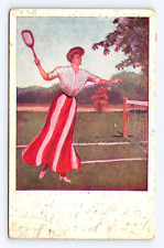 Vintage Old Postcard Lady Woman Dress Tennis Racket Antique 1908 Antique picture