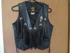 GYPSY BLACK LEATHER WOMENS MOTORCYCLE FRINGE VEST Sz 10  2 90'S STURGIS PINS picture