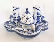 RARE Gzhel Porcelain Condiment Set Fish Themed Blue White Salt Pepper picture