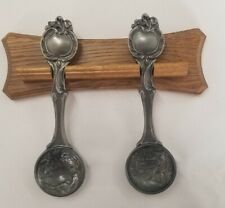 Vintage Set Of 2 Spoons SKS ZINN 95% Pewter W Wood Hanger Holder Germany picture